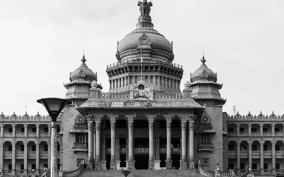 Vidhana Soudha, the Karnataka legislature building, in Bengaluru, in black and white