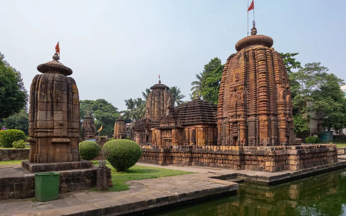 Ancient sandstone temples beside a tank in Bhubaneswar, Odisha