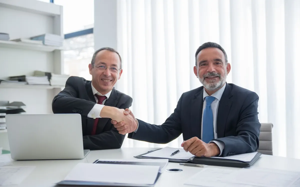 Two business professionals shaking hands across a desk after agreeing a deal